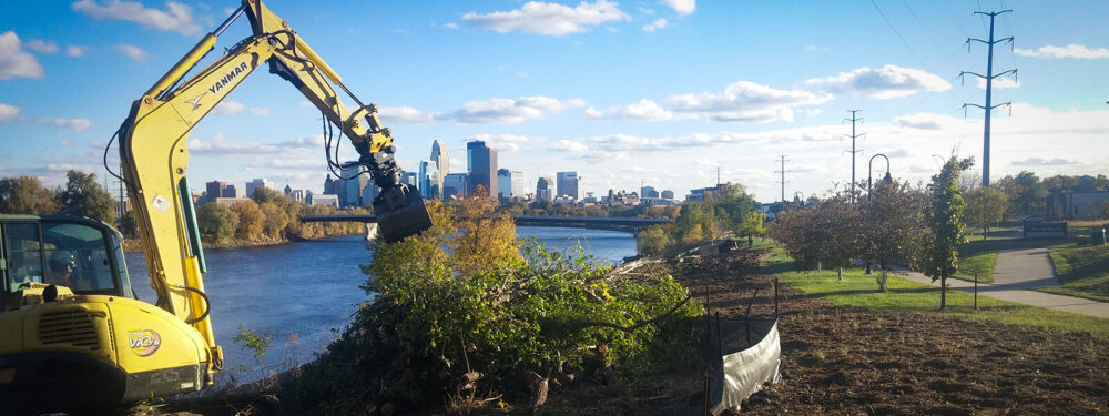 excavator clearing trees near river