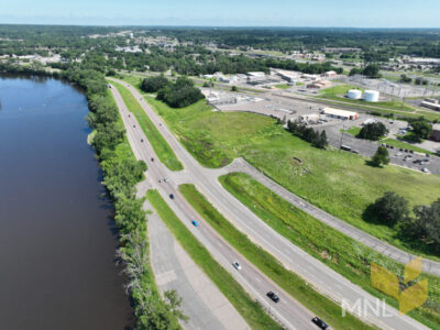 Picture from the sky showing the Mississippi River and flourishing prairie at Great River Energy campus